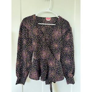 Kate Spade New York Womens Black Confetti Print Wrap Peplum Blouse XS